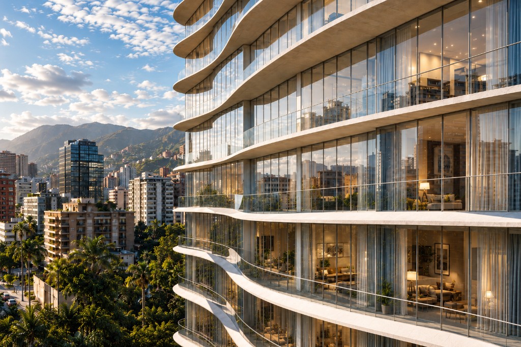 Edificio residencial de fachada curva de vidrio frente a la ciudad y la montaña